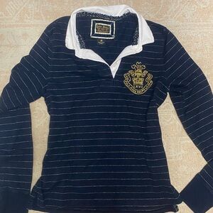 Navy Gold Metallic Striped Rugby Shirt with White Collar + Embroidered Crest